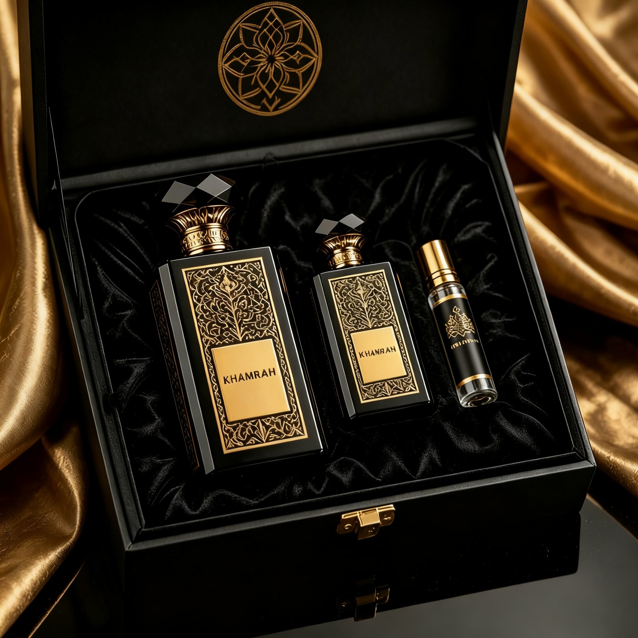 العطر الشرقي الفاخر مع الصندل: طقم هدية يجمع بين العبوة الكاملة والعينة التجريبية من خمراه